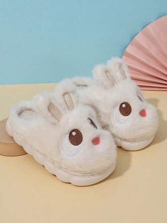 1 双儿童保暖拖鞋，女童可爱温暖毛绒兔毛家居拖鞋，防滑婴儿冬季拖鞋