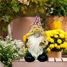 1 pieza de gnomos iluminados para exteriores, decoraciones de jardín, diseño floral, figuras de enanos pequeños de resina para escritorio, patio, jardín, adecuado para decoración navideña en interiores del hogar, se pueden usar para actividades de fiestas escolares, se deben seleccionar los regalos - oro - Ver 2