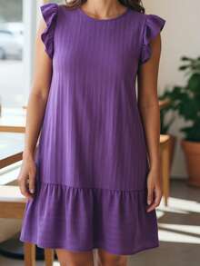 Plus Size Midi Dress, Fits Large And Small Sizes, With Ruffled Princess Sleeves, Puff Sleeves, And A Loose Fit, Dune Color. - Lilac - View 2