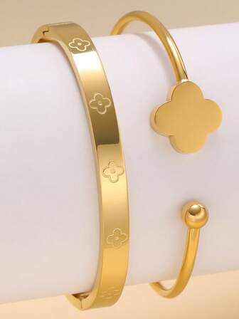 1pc Fashionable Stainless Steel Four-Leaf Clover Bracelet, Suitable For Women's Daily Wear