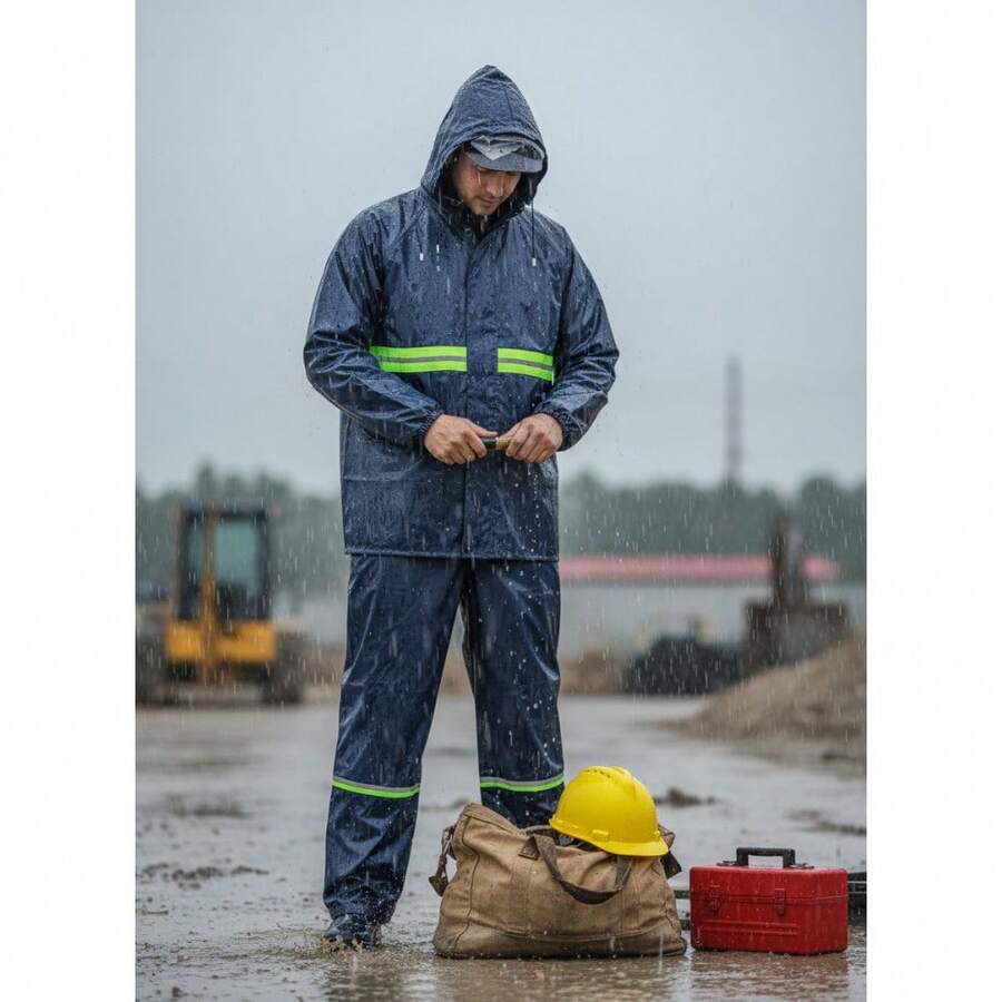 Conjunto impermeable reforzado chaqueta y pantalón con tiras reflectantes protección total resistente trabajo ciudad exterior México - Neblina azul - Ver 1