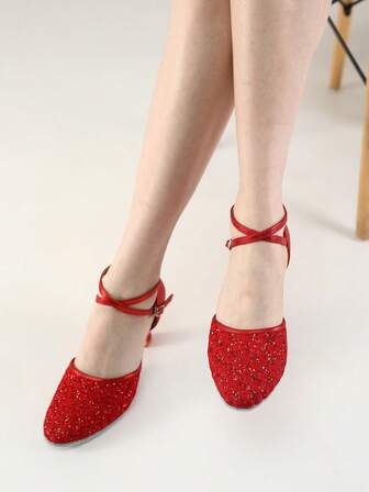 Girl Latin Dance Shoes Closed-Toe Lace Sequin Design Dancing Shoes Ballroom Salsa Tango Party Practice Performance Dance Shoes