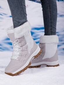Botas de nieve para mujer, con patrón texturizado cálido, cordones para deportes al aire libre, forro de felpa, antideslizante, adecuado para uso en interiores y exteriores, invierno