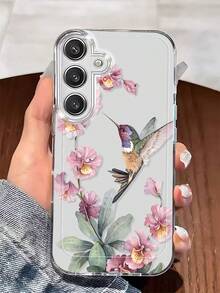 Cute Hummingbird And Pink Flower Pattern Clear Phone Case. Compatible With Samsung Galaxy S25/24/23/22/21/ULTRA/PLUS/FE/A71/56/55/54/53/52/36/35/34/26/25/23/16/15/14/13/10. Suitable For Women, Girls, Men And Boys, A Great Gift For Friends. - 彩色 - 查看 1