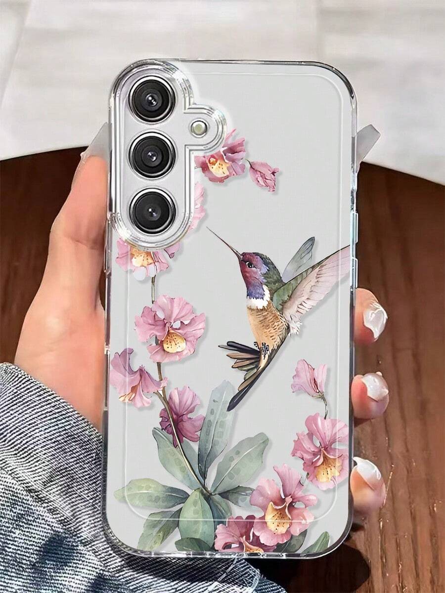 Cute Hummingbird And Pink Flower Pattern Clear Phone Case. Compatible With Samsung Galaxy S25/24/23/22/21/ULTRA/PLUS/FE/A71/56/55/54/53/52/36/35/34/26/25/23/16/15/14/13/10. Suitable For Women, Girls, Men And Boys, A Great Gift For Friends. - 彩色 - 查看 1