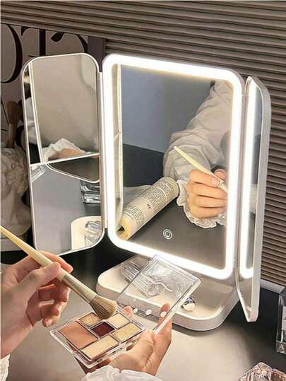 1pc LED 3-Fold Makeup Mirror, 3X/2X Magnification, Touch Control, 70 LED Lights, Adjustable Brightness, USB/Battery Powered, Bottom Tray Storage, Tri-Fold Design, Suitable For Travel And Home Use; Ideal For Professional Makeup, Business Travel, Summer Vacation, Bridal Makeup Preparation, And A Perfect Gift For Christmas, Valentine's Day, Mother's Day, Thanksgiving, Graduation Season