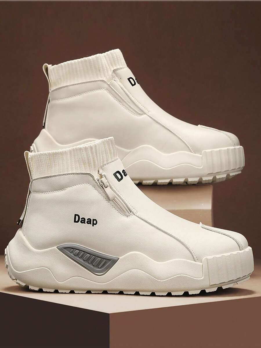 Men's Casual Sports Shoes 2025 New PU Leather Upper Waterproof Anti-Oil Men's Shoes Solid Color Letter One-Push Soft Bottom Soft Face High-Top Round Toe Side Zipper Comfortable Men's Skate Shoes Fashionable Versatile Outdoor Sports Men High-Top Leather Riding Boots - Beige - View 1