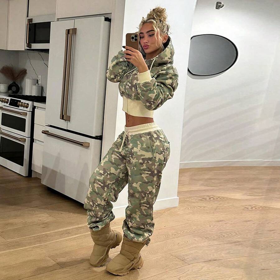 Women's Two-Piece Set American Street Style Color-Block Waist-Cinching Camouflage Hooded Sweatshirt Casual Straight-Leg Sweatpants Fashion Two-Piece Set - 綠色 - 查看 1