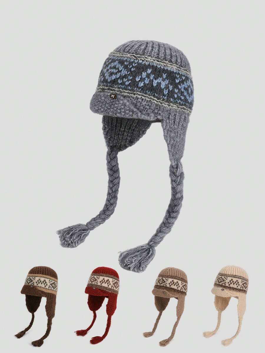 1 pieza Sombrero de piloto/cubo de mujer de punto jacquard bohemio con hilo grueso trenzado, orejeras acogedoras, de moda y versátil, casual y retro para otoño/invierno