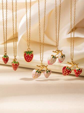 1 件可爱草莓吊坠项链，时尚不锈钢锁骨链水果吊坠金项链，适合日常派对，送给女孩的礼物