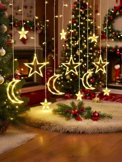 3.5m Warm & Colorful LED Star & Moon String Lights - Shimmering Night Sky Bedroom & Living Room Curtain Decor (Batteries Not Included) - Powered By Battery Box, No Electronic Components Required, Romantic Ambiance Lighting | Starry Sky Decor | Battery Box Powered Lights, Moon Decor, Halloween, Christmas & Festival Decor!