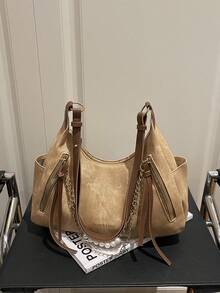 1pc Fashion Zippered Decor Women's Handbag, New Solid Color Texture Large Capacity Shoulder Bag, Multi-Pocket Pearl Chain Decor, Commuting Crossbody Bag, Retro Denim Frosted Bag, Shopping Tote, Suitable For Daily Use, Short-Distance Travel, Outing, Dating, Office Work, Business - Khaki - View 2