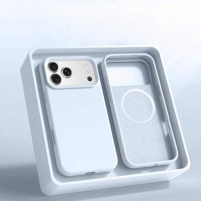 极简浅蓝色磁吸硅胶防震无线充电手机壳，1个装，兼容 17 Air、16、14、13、12、15 Pro Max Plus，带绒面摄像头保护，春季礼物