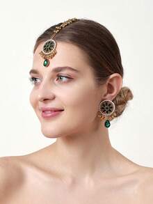 Set de 3 piezas Nuevo Estilo Bohemio Conjunto de Joyería de Mujer: 1 pieza Cadena de Frente Decorada con Rhinestones de Vidrio en Verde/Rojo/Negro1 piezaar de Aretes con Forma de Campana Elegantes, Regalo de Navidad Perfecto para Amigos