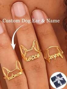 Customized Dog Ear Name Ring, Unisex, Cute Pet Name Ring, Stainless Steel Silver/Gold Name Ring, Wedding Engagement Accessory, Daily Wear, Anniversary Gift, Valentine's Day Gift