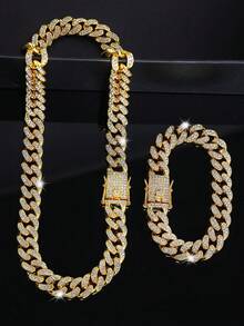 2 Pieces Exquisite Cuban Chain Necklace Bracelet Set, Unisex Hip-Hop Jewelry, Sparkling Christmas/Valentine's Day Gift