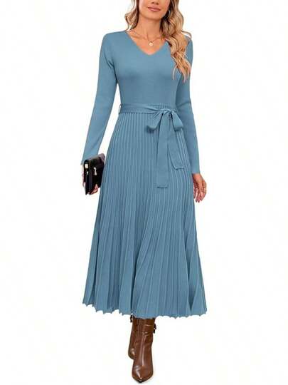 Vestido tipo suéter plisado de otoño con lazo en la cintura, mezcla de lana, para mujer