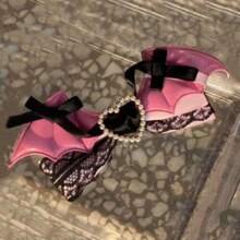 Delicate Black Pink Lace Bow Wing Edge Clip Sweet Girl Hairpin - 粉紅色翅膀髮夾 - 查看 6