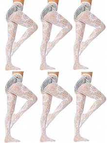 CLAGAINER 6pcs/3pcs/1pc 2024 New Fashion Girls' Fishing Net Stockings, Sexy Tattoo Lace Stockings, Jacquard Lace Cutout Pantyhose - Black - View 17