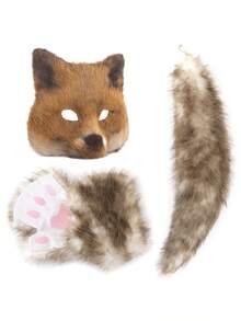 3件套可爱狐狸服装，包含毛绒狐狸尾巴钥匙扣、腰包，适合派对、舞台表演、角色扮演等场合。