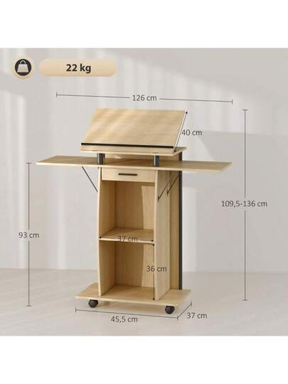 HOMCOM Rollbarer Podium St Lectern Folding Side Wings, Laptop Bureau Drawer Shelves, Oak Look view 6