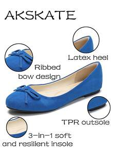 A Pair Of Elegant Women's Flat Shoes Featuring A Charming Bow Design. Made With A Soft Suede Upper And A Breathable PU Lining, These Flats Are Equipped With A Triple-Layered, Ultra-Comfortable Insole For All-Day Wear. Perfect For Daily Commuting, Work, Campus Life, Outdoor Strolls, Birthday Parties, And A Variety Of Social Gatherings. - 寶藍色 - 查看 2