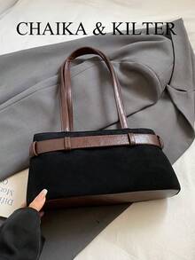 CHAIKA & KILTER 1 chiếc túi đeo vai bằng da PU trơn màu, túi đeo vai thời trang cổ điển có dây đeo trang trí, khóa kéo, quai xách đôi, thích hợp sử dụng hàng ngày - màu đen - Xem 9