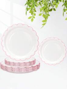 10个/20个/50个装白色和粉色纸盘，7英寸/9英寸，白色纸盘带浅粉色滚边，可爱白色扇形纸盘，一次性餐盘，甜点派对餐盘，适用于圣诞节、迎婴派对、婚礼、新娘派对、性别揭晓派对、生日、情人节派对用品装饰 - 白底粉邊 - 查看 3