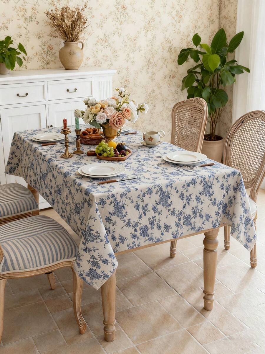 1 pieza Mantel con estampado floral de rosa azul vintage elegante, cubierta de mesa rectangular lavable para mesa de comedor, mesa de café, mesita de noche, mesa redonda, decoración del hogar, adecuado para comidas familiares, cocina, cena, fiesta, boda, camping, picnic, todas las estaciones, primavera/verano - azul y blanco - Ver 1