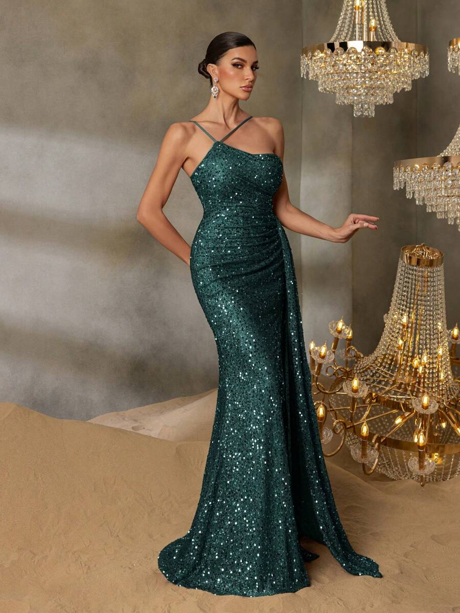 Faeriesty Đầm dạ hội dáng đuôi cá lệch vai thanh lịch đính sequin, thiết kế dây mảnh xẻ cao | Đầm dạ hội ôm sát với đuôi váy có thể tháo rời, phù hợp cho các buổi dạ tiệc sang trọng, sự kiện thảm đỏ, tiệc cưới cao cấp và các buổi dạ hội từ thiện. - Màu xanh lá cây đậm - Xem 1