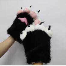 A Pair Of Adorable Plush Cat Paw Gloves-Featuring Soft Fur And Realistic Claws-Perfect For Halloween, Christmas Costumes, And Role-Playing Theme Parties - 黑色 - 查看 6