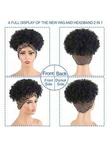 Black Headband Wigs For Women Afro Kinky Curly Wig With Synthetic Short Hair Wigs With Headband Attached Headwrap Wigs Kinky Curly Headband Wig - 黑色 - 查看 2