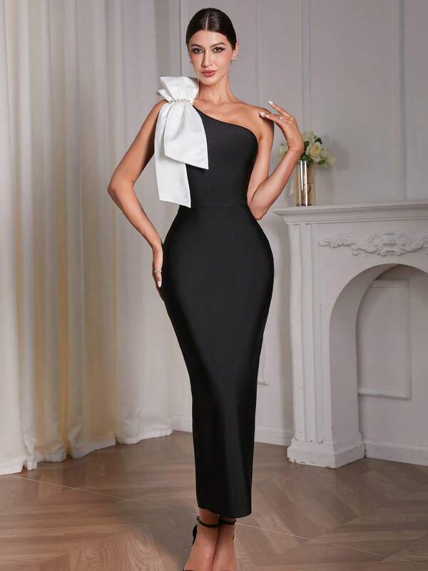 Women's Asymmetric Neckline Oversized Bow Patchwork Bodycon Dress Handmade Rhinestone Decor Sleeveless Bodycon Bandage Dress, Elegant Back Slit Dress For Women , Prom Dress, Cocktail Party Dress,New Year Evening Gown