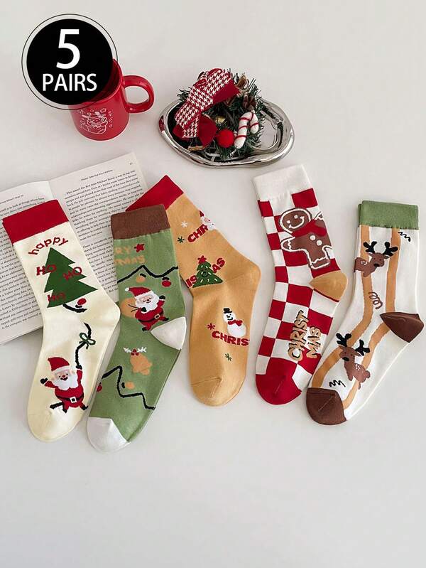 5 أزواج (ألوان عشوائية) جوارب عيد الميلاد الكرتونية الجميلة على شكل رنة للنساء، جوارب متوسطة الطول، قابلة للتنفس وامتصاص الرطوبة، طراز للأزواج، للخريف/الشتاء