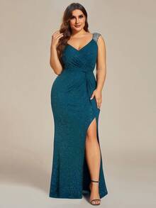 EVERPRETTY 大码女士吊带高开衩亮片礼服，毕业派对礼服，蓝绿色婚礼宾客礼服，节日场合礼服 - 水鴨藍 - 查看 8