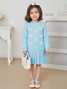 女童秋装浅蓝色蝴蝶结百褶连衣裙蓬松荷叶边下摆治愈系童装适合生日派对 - 淺藍色 - 查看 3