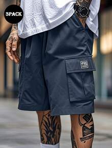 3pcs Men's Cargo Shorts With Multiple Pockets Men's Loose, Non-Elastic, Solid Color Multi-Pocket Work Shorts - Casual, Loose Shorts For Casual Wear, Summer Casual Wear Shorts Cropped Pants - 藍+灰+黑 - 查看 4