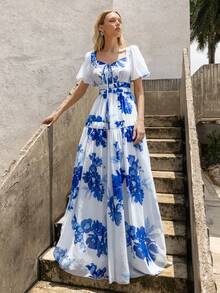 Faeriesty Đầm maxi chiffon in họa tiết hoa thanh lịch – Cổ vuông, tay phồng – Chân váy dài chấm đất thướt tha tạo nên phong cách sang trọng tự nhiên | Thích hợp cho đám cưới ngoài trời mùa xuân, tiệc brunch thường ngày và kỳ nghỉ. - Màu xanh lam - Xem 7