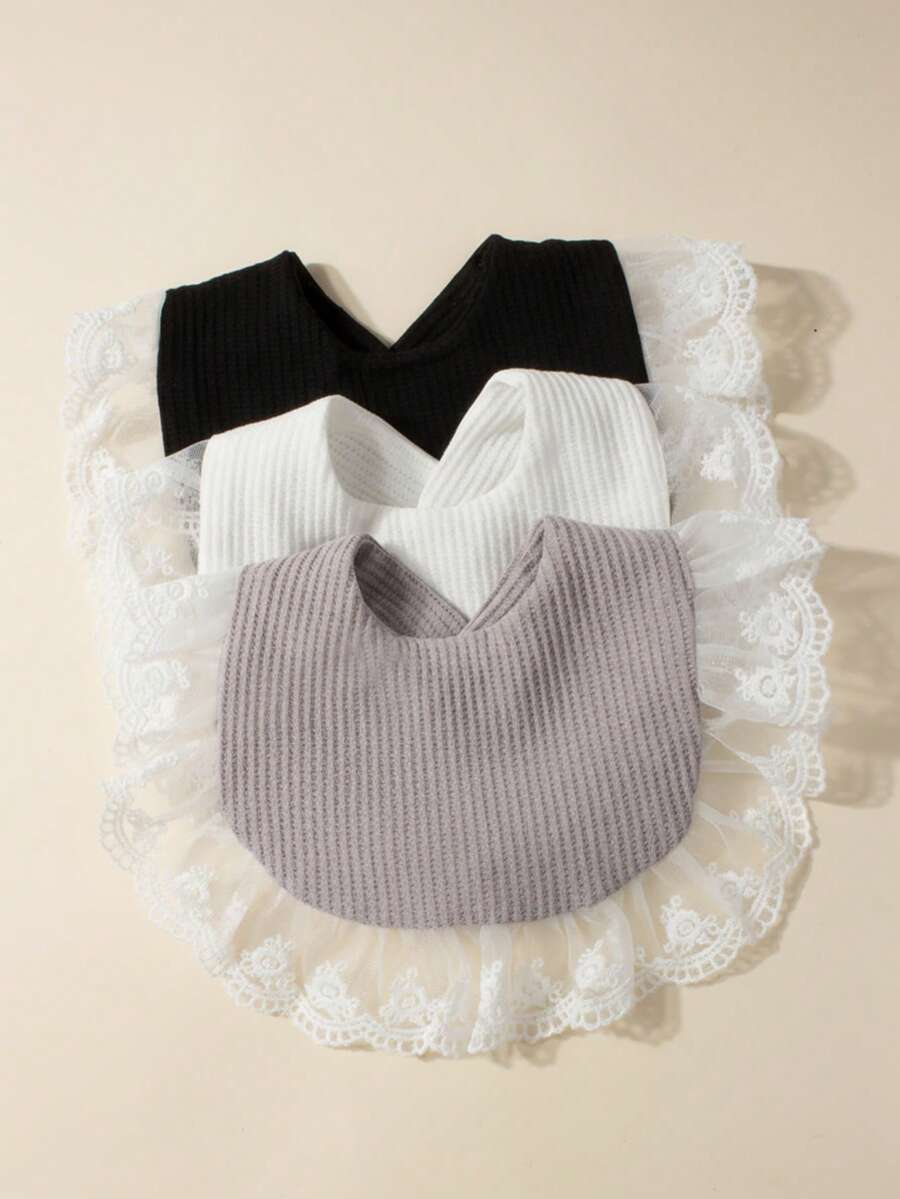 3 Stücke Baby Mädchen süße Waffel Spitze Lätzchen Set, geeignet für den täglichen Gebrauch, Herbst/Winter