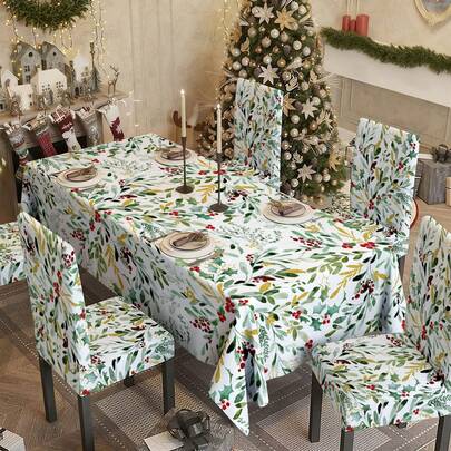 1pc/Set Berry Tree Leaves, Christmas Milk Silk Elastic Chair Cover, Linen Square Tablecloth Set, Seasonal Kitchen Dining Table Decor, Party Gathering Decoration Set, Christmas Home Decor