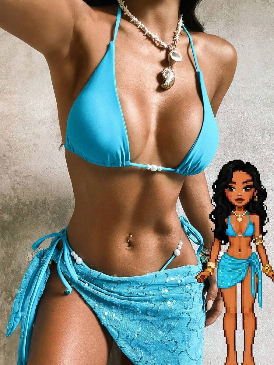 三件套女士泳装，优雅性感比基尼，串珠闪亮绿松石色鱿鱼印花泳衣，复古泳裙沙滩装，适合派对、圣诞节、情人节等节日和夏季度假穿着。