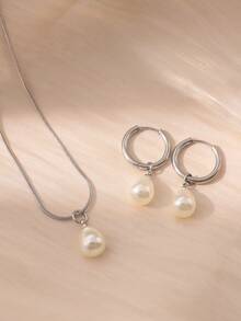 1 Set Necklace + Earrings Jewelry Set For Women, Elegant & Fashionable Faux Pearl Teardrop Pendant Necklace, Minimalist Everyday Jewelry, Gift For Girlfriend Or Mother On Holidays/Birthday