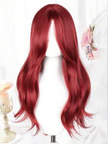 Red Long Curly Wavy Heat-Resistant Synthetic Wig With Bangs, Suitable For Daily Wear, Party, Cosplay, Christmas, Winter, Y2K Style - Multicolor - View 3