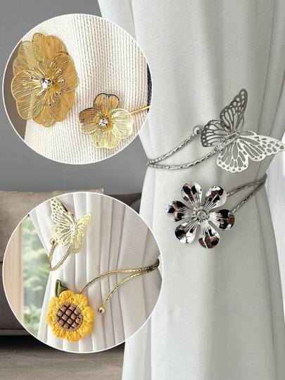 2个闪亮花朵窗帘绑带 - 合金水钻窗帘夹，无需钻孔装饰