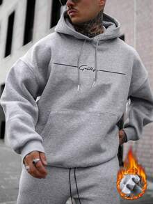 Zrgoth 男士休闲街头风花卉字体标语“感恩”极简印花抓绒连帽衫，秋冬款 - 灰色 - 查看 5