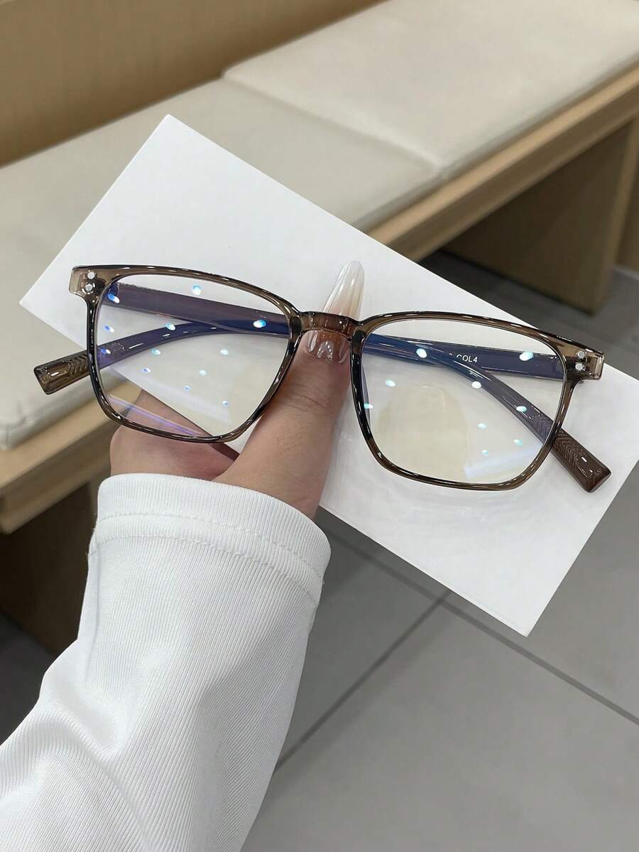 1 par de óculos femininos marrons, quadrados, minimalistas, com armação em policarbonato, casuais, de cor sólida e estilo moderno. - Castanho - Ver 1