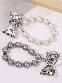 2pcs Elegant Pearl Phone Case Pendant, Silverbowknotw Accessory, Unisex Bag/Keychain Charm - Multicolor - View 1