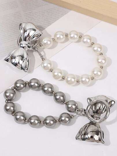 2pcs Elegant Pearl Phone Case Pendant, Silverbowknotw Accessory, Unisex Bag/Keychain Charm