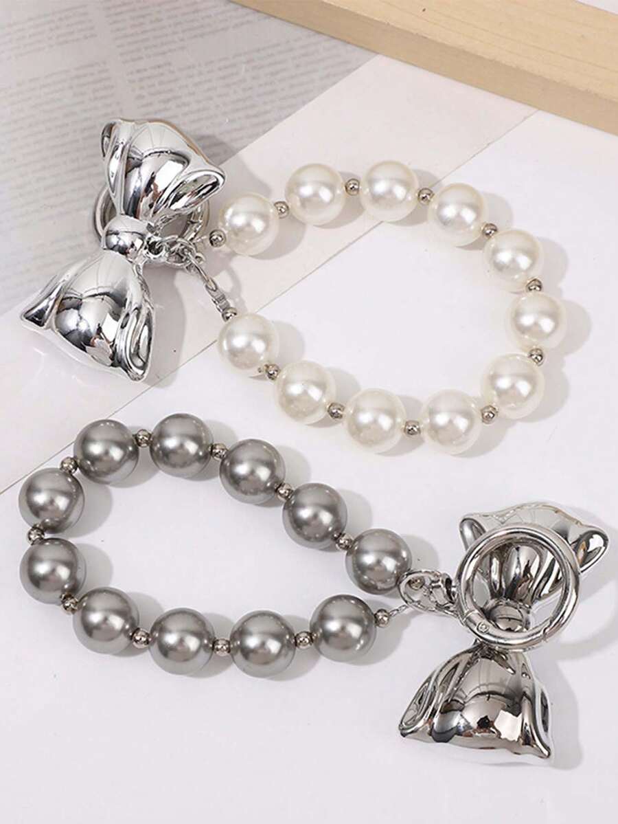 2pcs Elegant Pearl Phone Case Pendant, Silverbowknotw Accessory, Unisex Bag/Keychain Charm - Multicolor - View 1