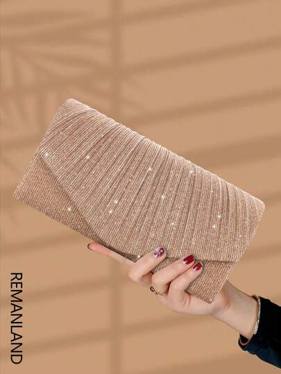 REMANLAND 1pc Elegant Pleated Shiny Women's Handbag, Fashionable Glamorous Ladies' Evening Wallet, Envelope-Style Clutch Bag With Hidden Card Slots And Compartments, Detachable Metal Chain Shoulder Strap, Suitable For Party Girls, Brides, Best Gift For Holidays And Weddings ,Wedding , Wedding